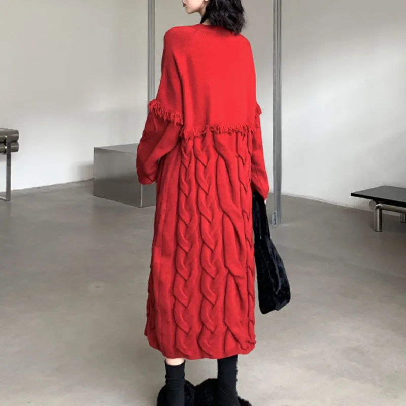 HKSH Herbst Winter Neue Frauen Lange Pullover Kleid V-ausschnitt Quaste Einfarbig Elegante Trend Casual Übergroßen Gestrickte Kleider HK16178