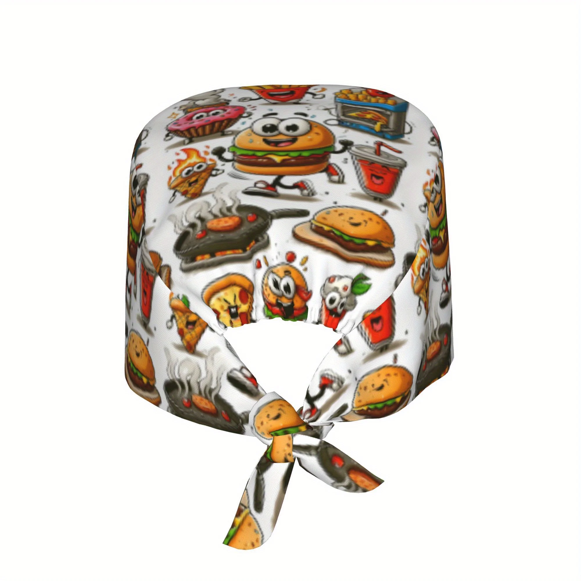 Cartoon Fast Food Print Scrub Cap Funny Burger Pizza Pattern Hat Adjustable Work Cap for Nurses Chefs Food Service