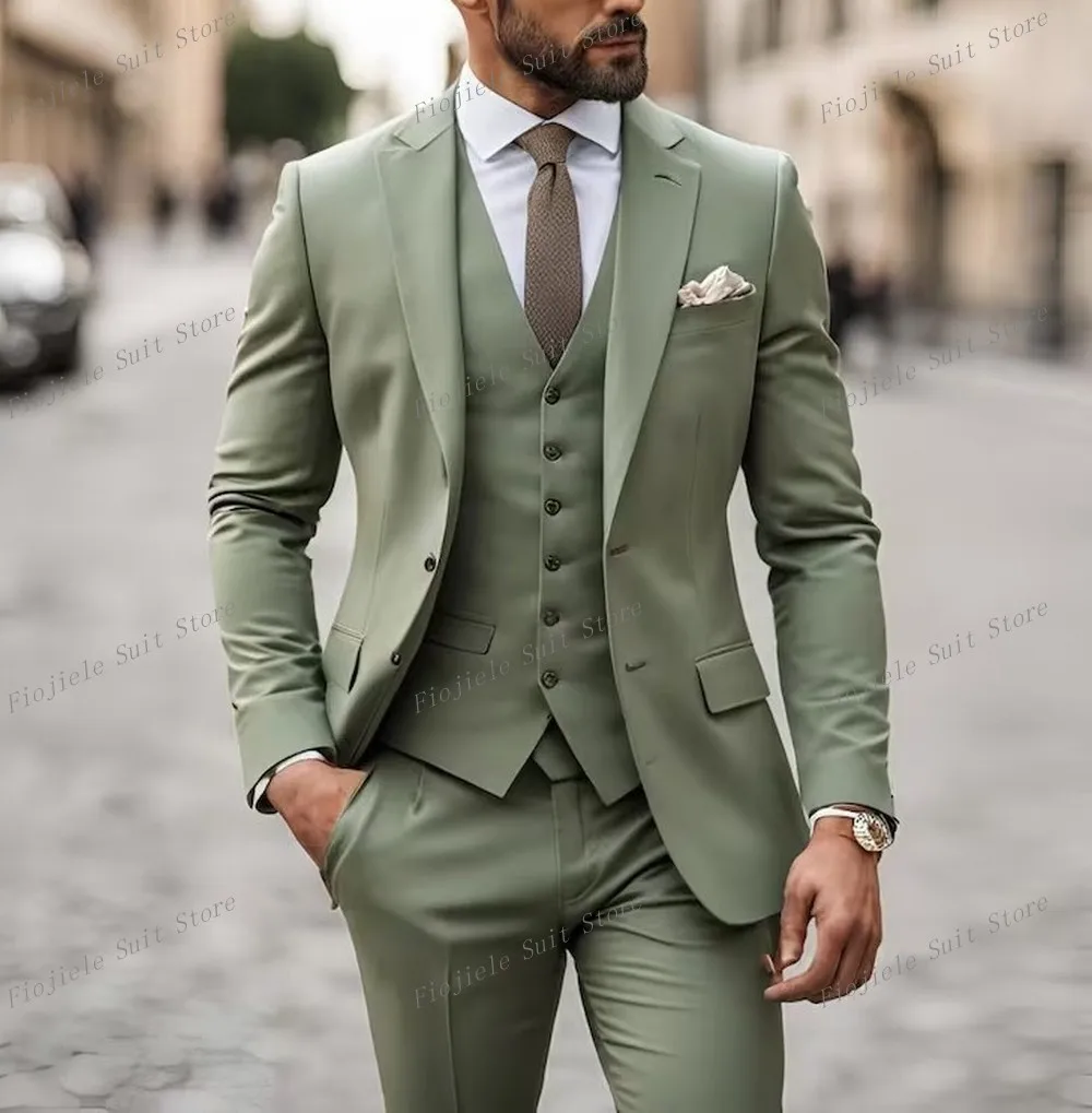 New Light Green Business Suit Groom Groomsman Prom Wedding Party Formal Occasion Men Tuxedos 3 Piece Set Blazer Vest Pants