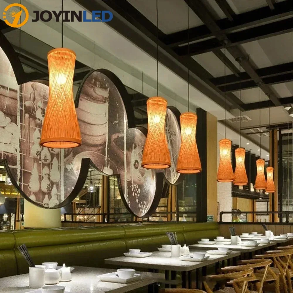 

JOYINLED Japanese Style Chandelier E27 Bamboo Pendant Lamp Bedside Tea Room Bedroom Tatami 17X42CM Wicker Ceiling Chandeliers