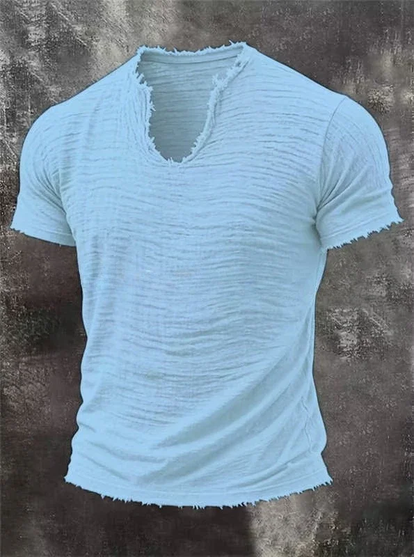 Herren-T-Shirt mit ausgefranstem V-Ausschnitt und kurzen Ärmeln, faltige Textur, 100 % Baumwolle, minimalistische, lässige, einfarbige T-Shirts für den täglichen Gebrauch – Detail 11