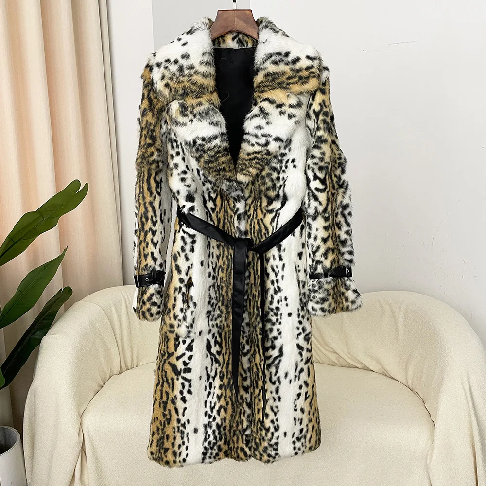 New Arrival Luxury Women Long Real Rabbit Fur Coat Leopard Print Detail Designer Real Fur Outwear