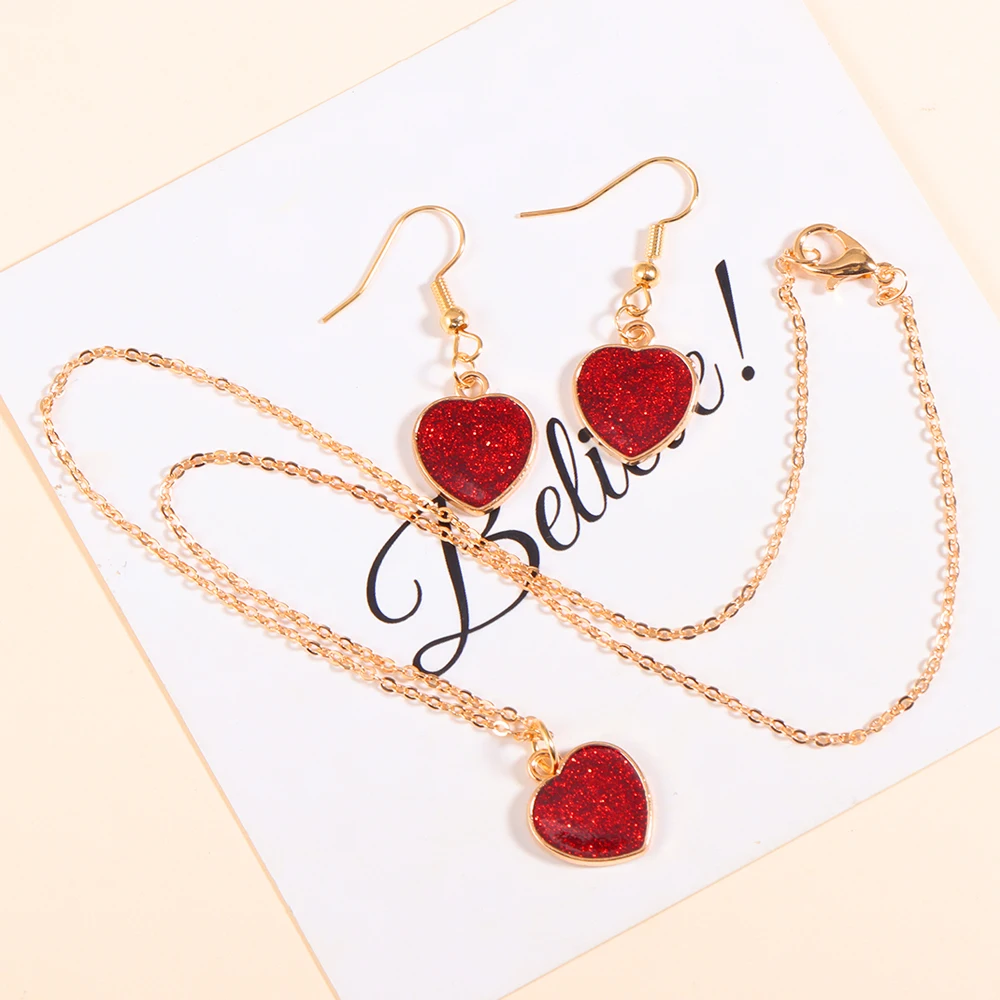 Lovely Enamel Dropping Oil Love Pendant Necklace Earrings Sweet Romance Valentine Heart Jewelry Set Gifts Party Souvenir