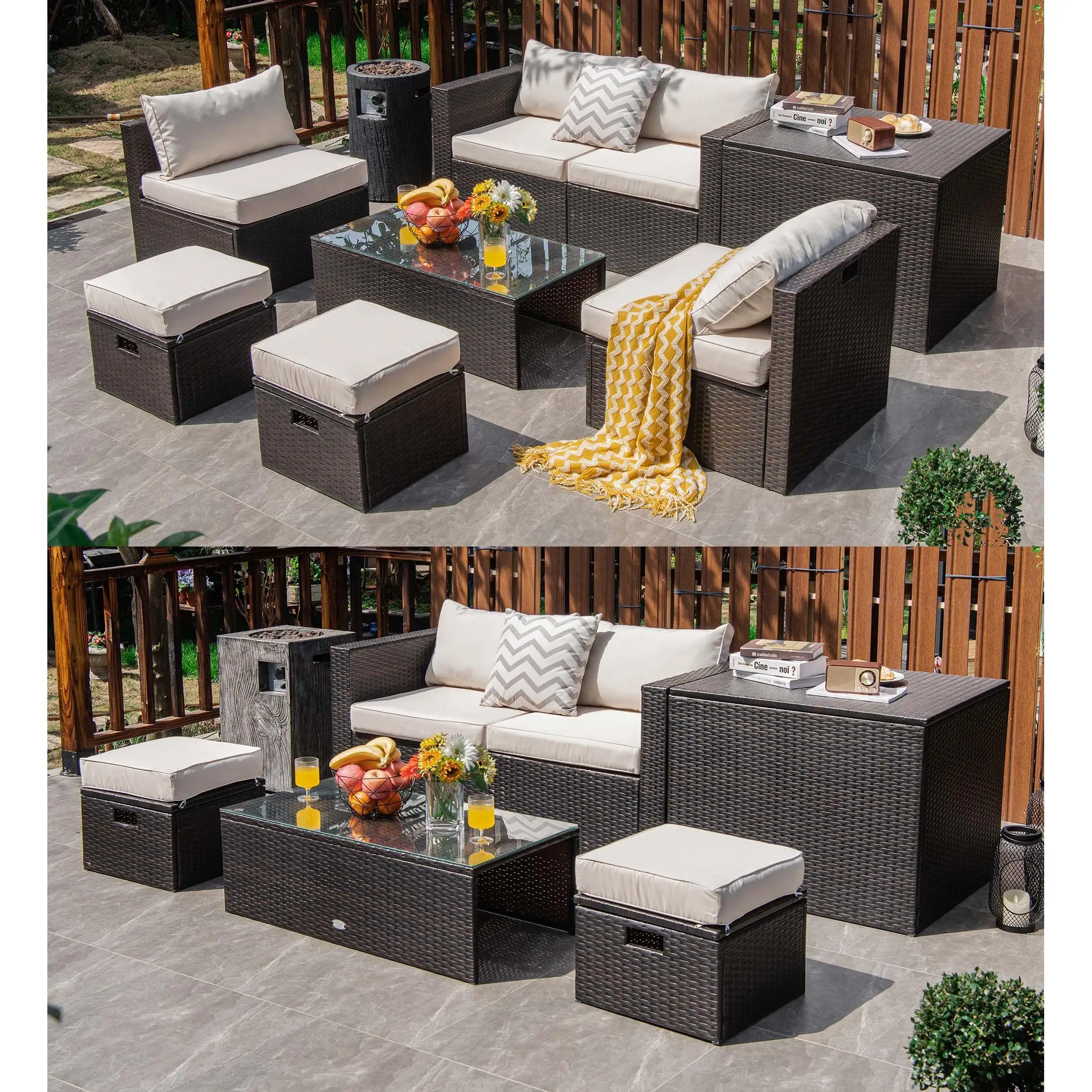 

8PCS Patio Rattan Furniture Set Space-Saving Storage Cushion Off White cover