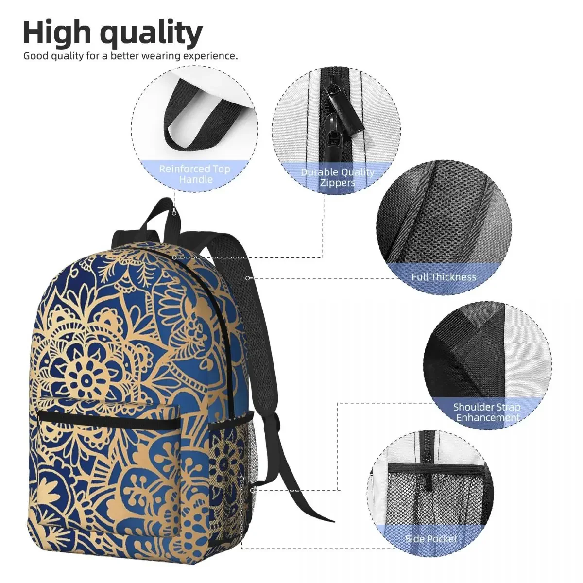 Water Blue Bohemian Print Backpack Daypack Large Capacity Children BookBag School Bag Shoulder Bags for Men Women
