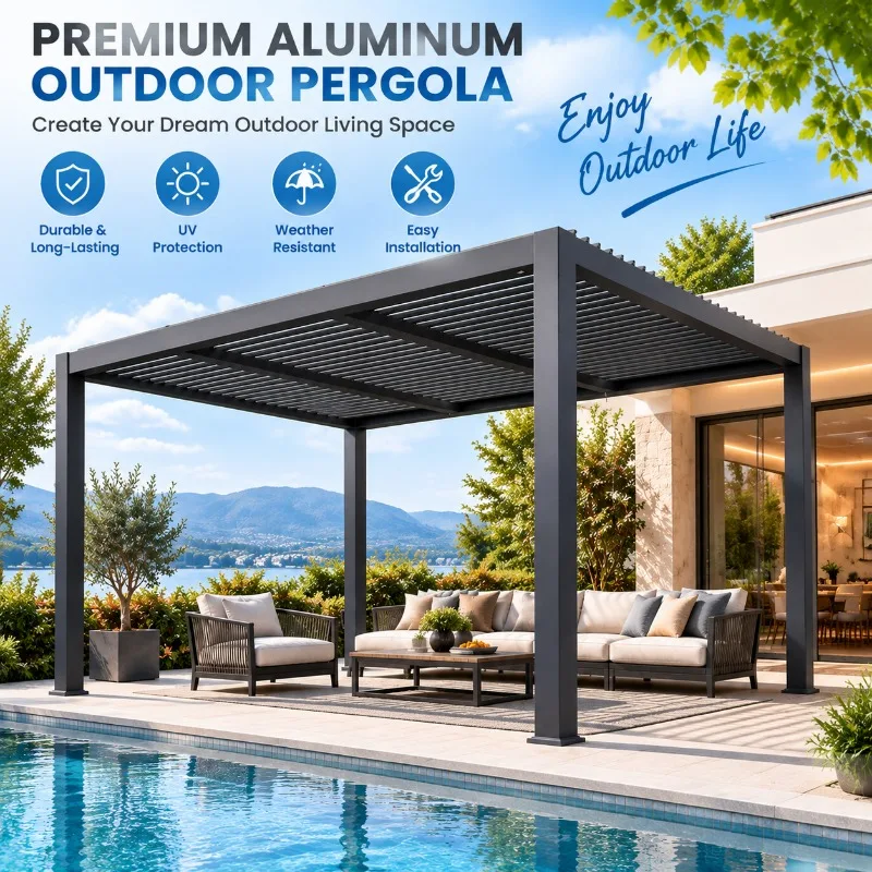 Premium Motorized Aluminum Pergola, Adjustable Louvered Roof Gazebo Weather‑Resistant Outdoor Patio Canopy for Backyard Garden