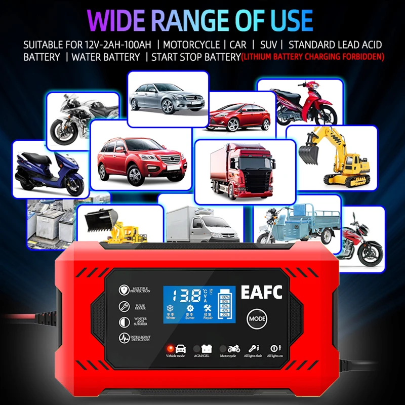 EAFC Car Smart Battery Charger 12V 6A Car and Motorcycle Battery Charging Device Lead-acid Battery Smart Repair LCD Display