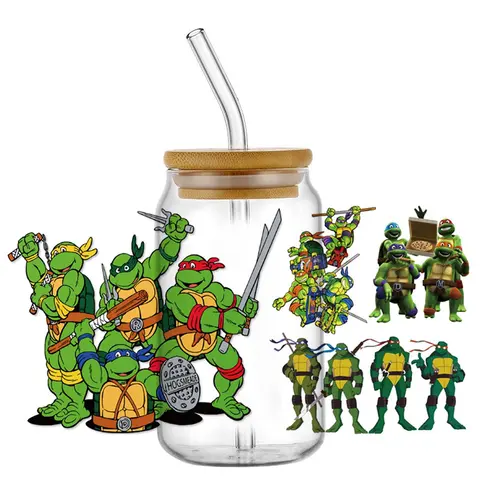 Miniso TMNT pegatinas Leo Raph Don Mikey impermeable UV DTF taza envolturas pegatina DIY 3D envoltura calcomanía para vidrio Libbey de 16oz
