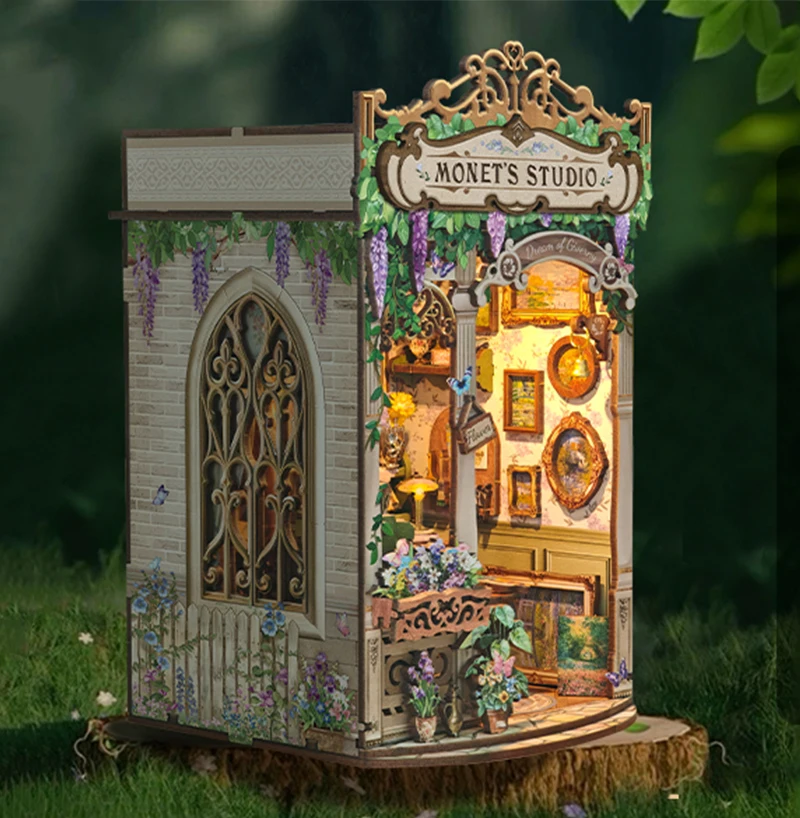 

DIY Book Nook Wooden Miniature Model Kits Monet's Studio Bookend 3D Puzzle with Light Bookshelf for Friend Birthday Gifts