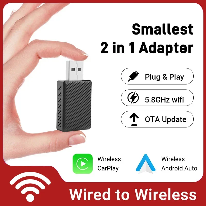 

2 in1 Wireless Carplay Adapter Android Auto Smart Dongle Plug And Play For Volvo Benz Cadillac Jeep Lexus Buick VW Kia Bmw Audi