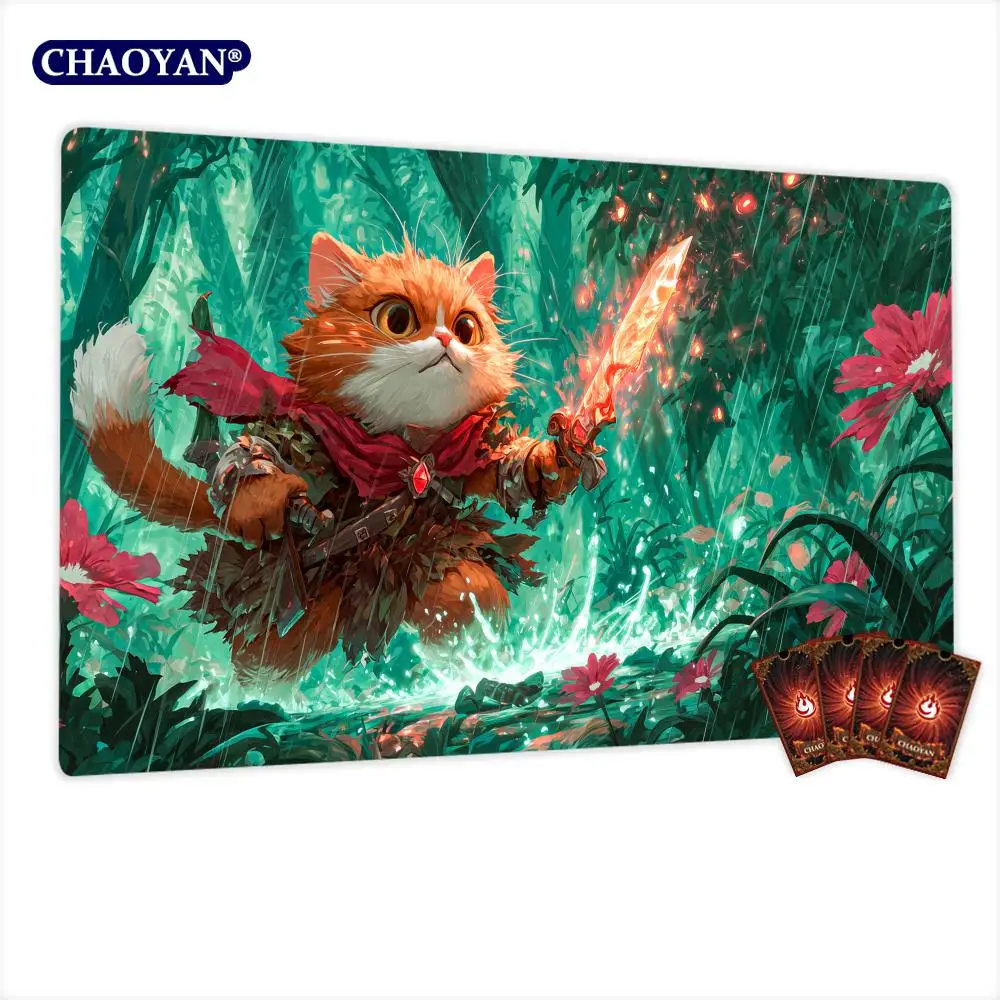 Flame Sword and Orange Cat TCG Playmat Magic Card Battle Mat Non-Slip Durable 35X60CM Commander playmat Board Game Mat for TCG