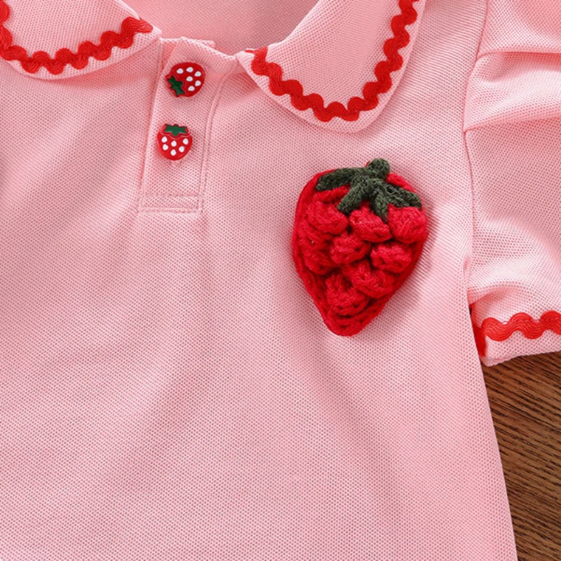 Baby Girl Clothes Summer Knitwear Polo Shirt & Shorts 2 Pieces Set 3D Strawberry Decoration Toddler Girls Cotton Tracksuit