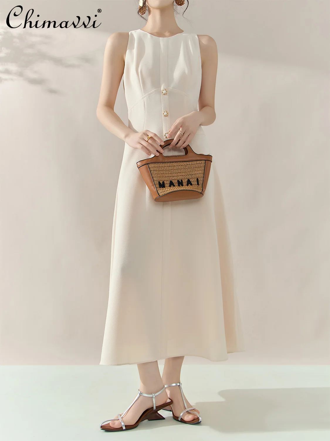 

Французское элегантное темпераментное простое длинное платье с круглым вырезом без рукавов и пряжкой из бисера с высокой талией, тонкое вечернее платье трапециевидной формы для женщин