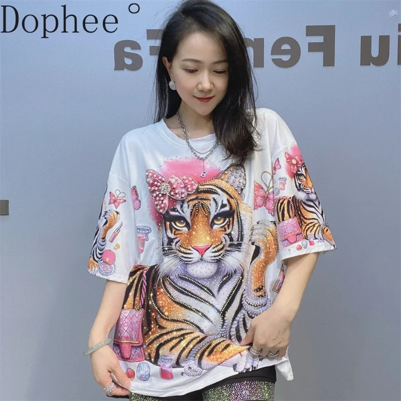 

Blingbling Hot Drilling Beads Women T-shirt Loose Half Sleeve O-neck Pullover Top All-match Spring Summer Tiger Print Casual Tee