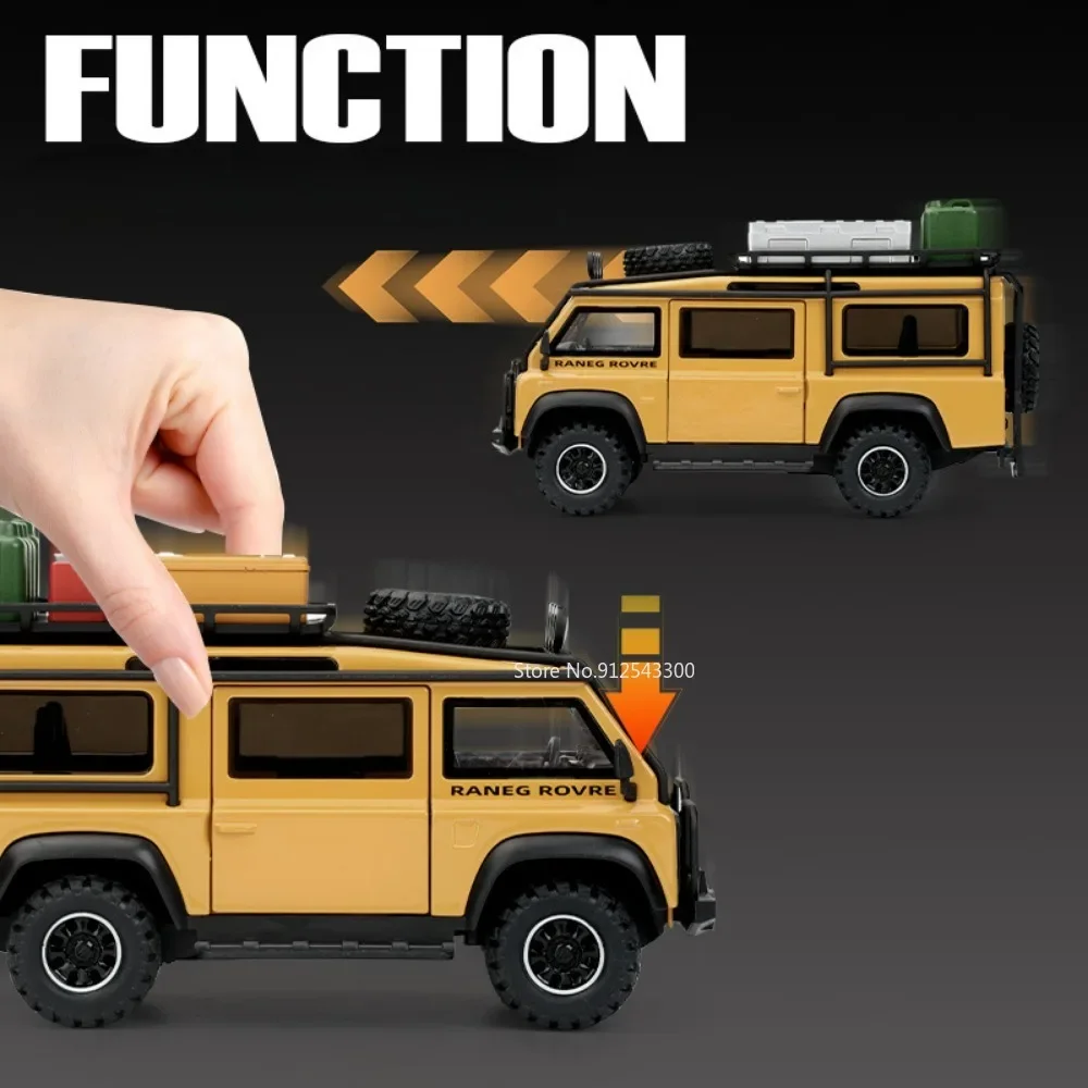1:32 land rover defender range rover modelo de carro brinquedo absorção de choque puxar para trás veículo off-road som luz presentes para crianças