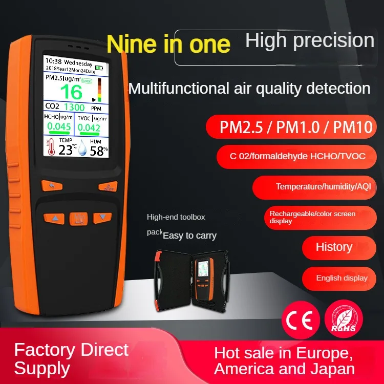 

9 in 1 Detector formaldehyde detector carbon dioxide detector pm2.5 detector temperature and humidity meter dust haze TVOC