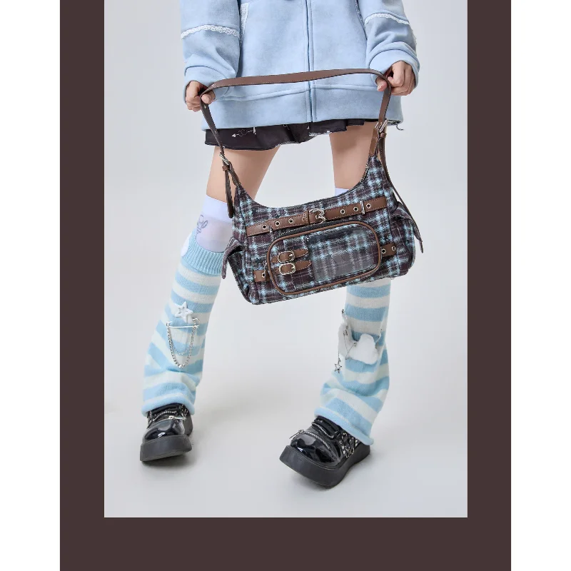 Y2K Plaid Ita Hobo Bag, Brown Leather Trim Clear Window Shoulder Bag, Punk Star Print Crossbody for Pin Display