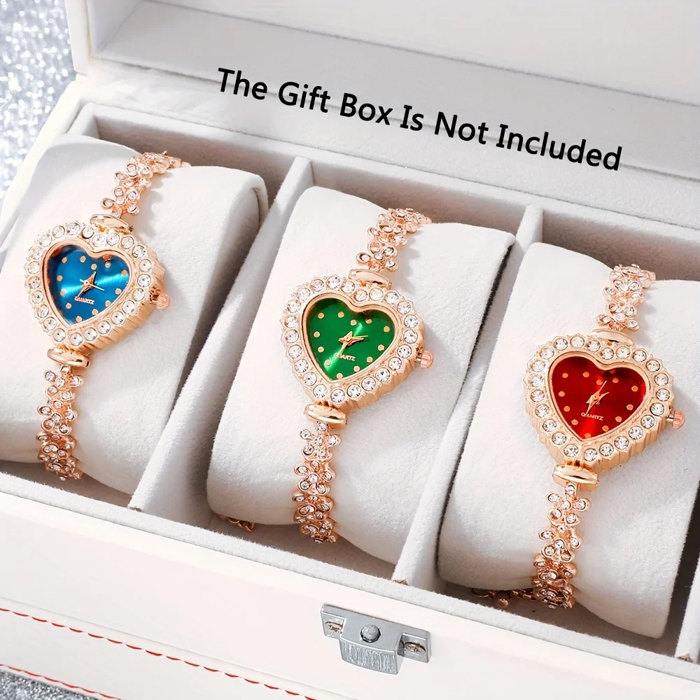 3 casual and elegant quartz watch sets, decorated with heart-shaped dial with buttons, zinc alloy strap and case