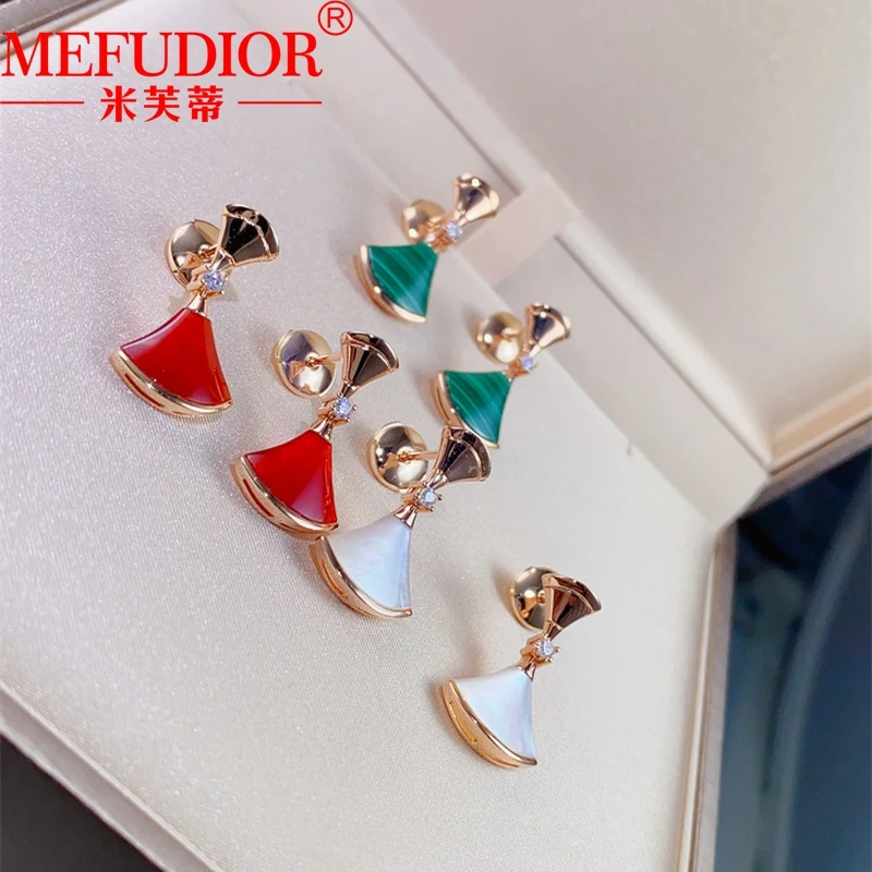 

18K Real Rose Gold Fan Shape Stud Earrings Natural Diamond White Beige Red Agate Hanging Earring Fashion Jewelry Gift for Women