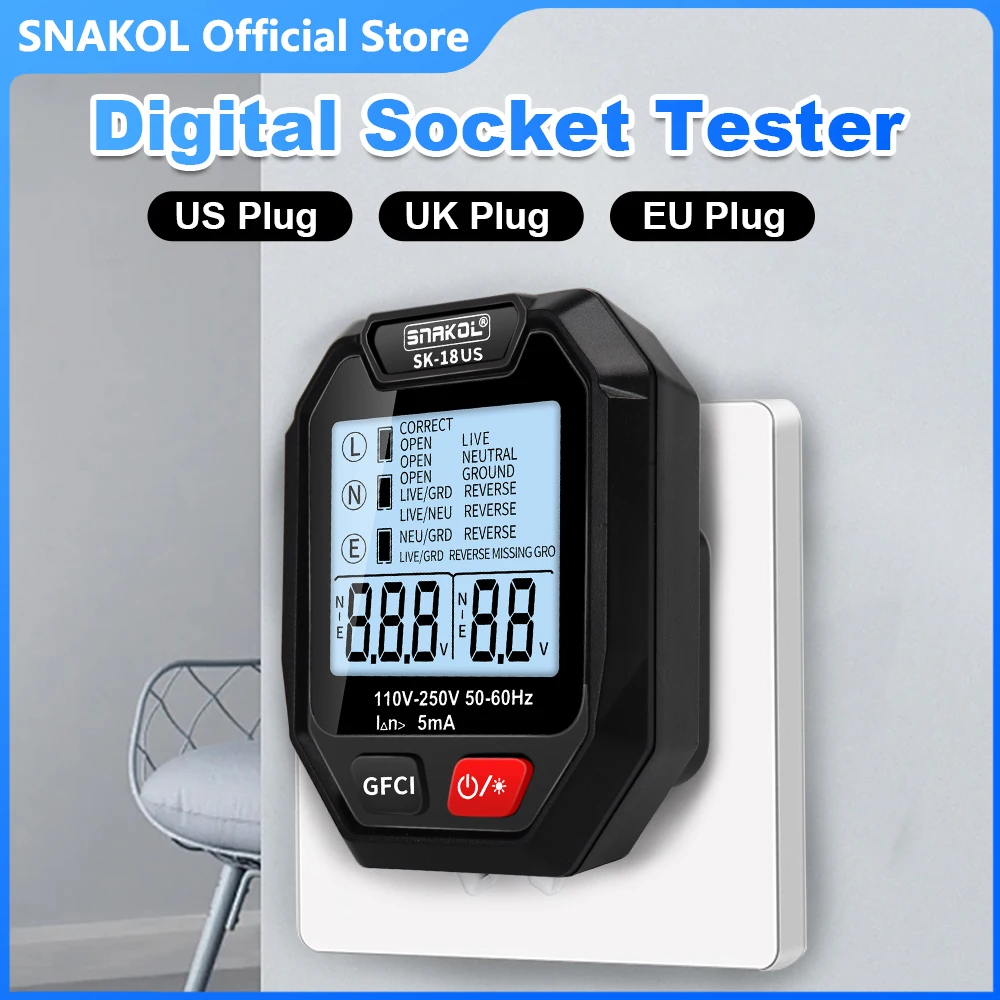 SK18 Digital Socket Tester EU US UK Plug Polarity Detection Large LCD Socket Wiring Diagnosis Voltage Display RCD Test