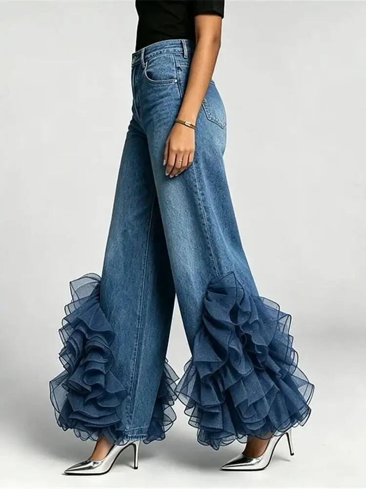 DEAT Fashion High Waisted Ruffle Hem Wide Leg Denim Pants Women's High Waist Blue Jeans Summer New 7A4776