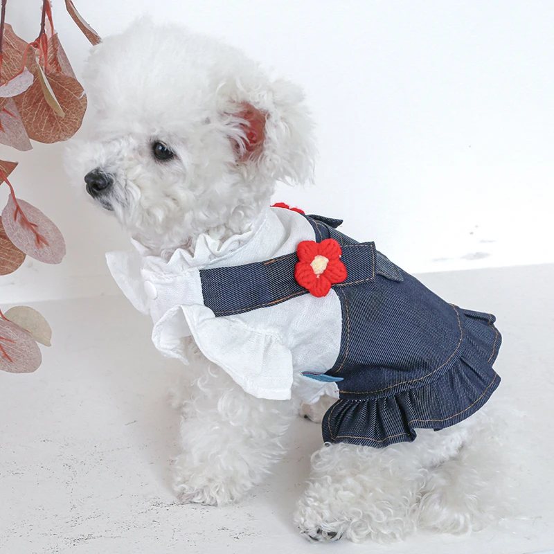 1PC Pet Clothing Dog Spring/Summer Denim Princess Dress Pocket Small Flying Sleeve Strap Dress For Small Medium Dogs