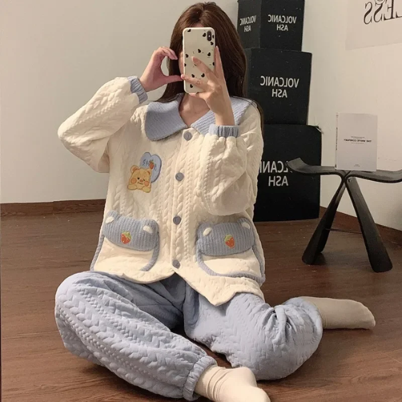 Autumn Winter Pajamas Womens Air Cotton Thicken Home Clothes Sweet Doll Collar Cardigan Loungewear Long-Sleeved Trousers Outwear