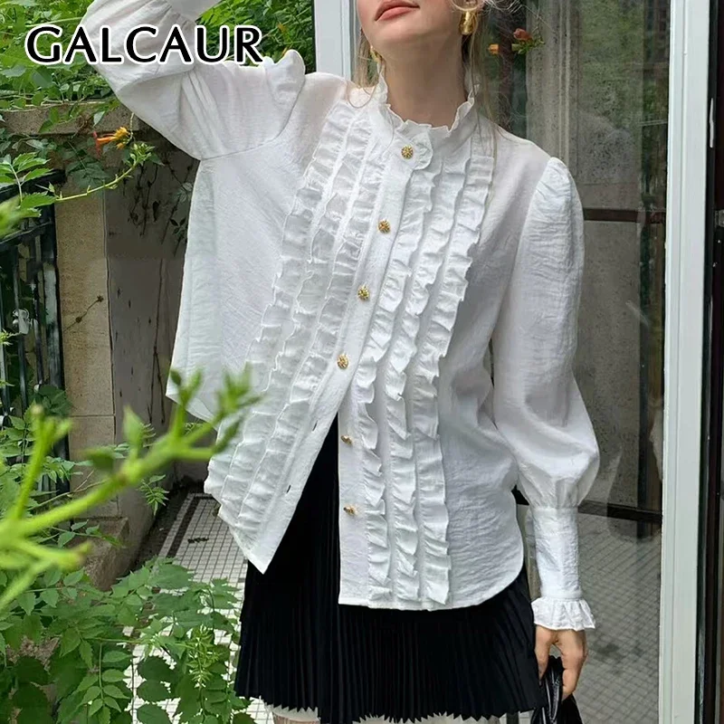 

GALCAUR Solid Chic Design Spliced Single Breasted Blouse for Women Lapel Long Sleeve Patchwork Folds Shirts Female Clothing New