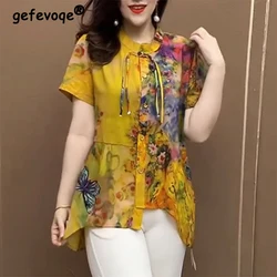 summer new Chinese style vintage irregular printing shirt ladies short sleeve temperament patchwork pullover top women oversized