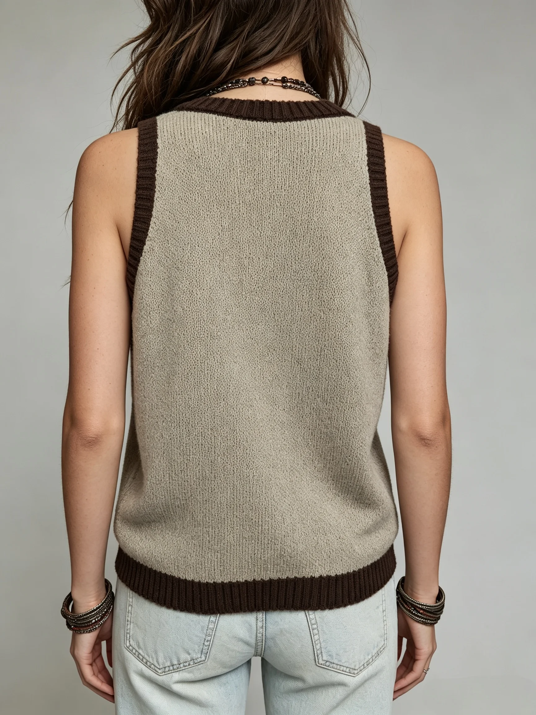 Love Letter Jacquard + Round Neck Ribbed Short Design, American Retro Hot Girl Style Beige and Brown Color-Blocking Knitted Vest
