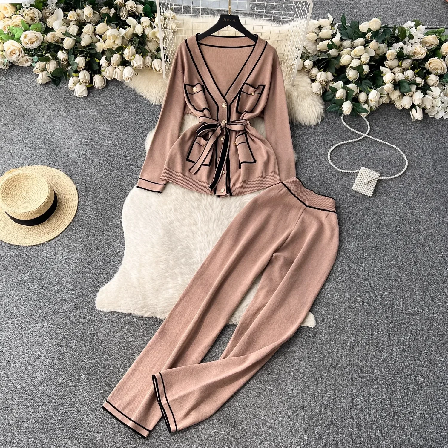 Autumn Winter Women Long Sleeve Pockets Sash Knitted Cardigans Coat + Wide Leg Full Pants Sets Two Piece Set Womens Outfits