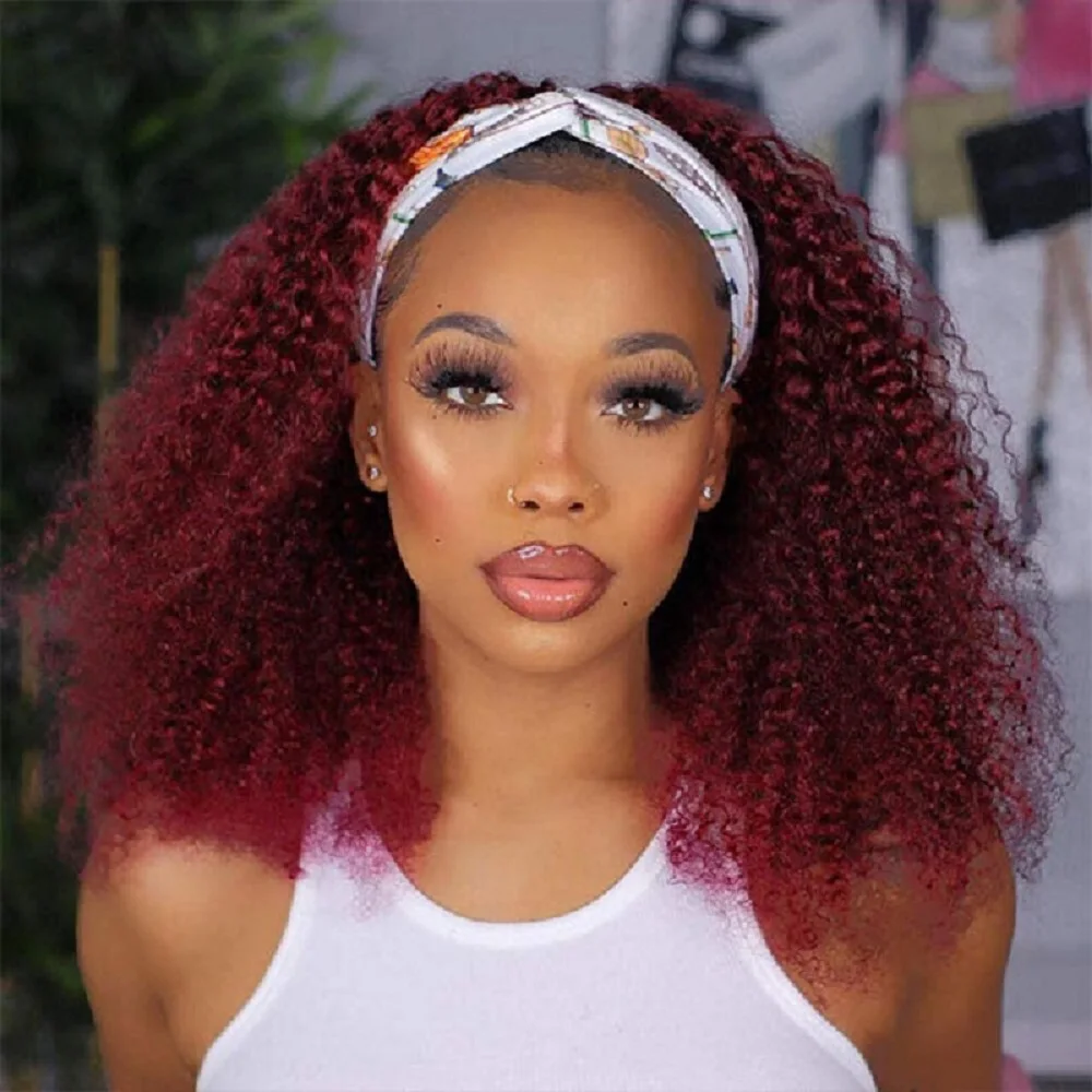 

Clearance Sale 99J Headband Wig Human Hair Natural Kinky Curly Human Hair Wigs Burgundy Machine Made Curly Wigs Ready To Go Wig
