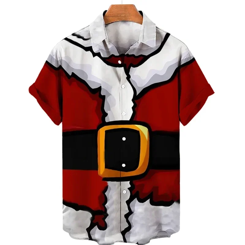 Funny Christmas Uniform Blouses Santa Claus Cosplay Shirts For Men Clothes Xmas Mens Gift Short Sleeve Streetwear Lapel Blouse