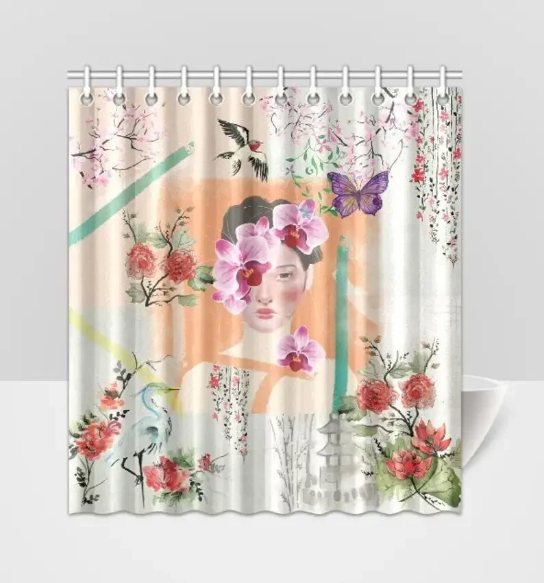 Shabby Chic Chinoiserie Vintage Girl Floral Bird Shower Curtain