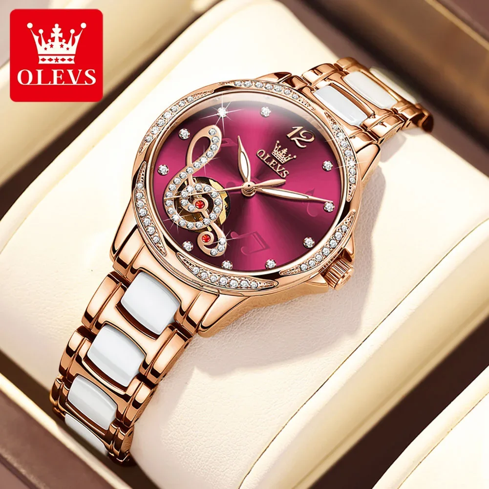 OLEVS-Reloj mecánico automático para Mujer, correa de cerámica exquisita, elegante, luminoso, resistente al agua, relojes de pulsera para Mujer