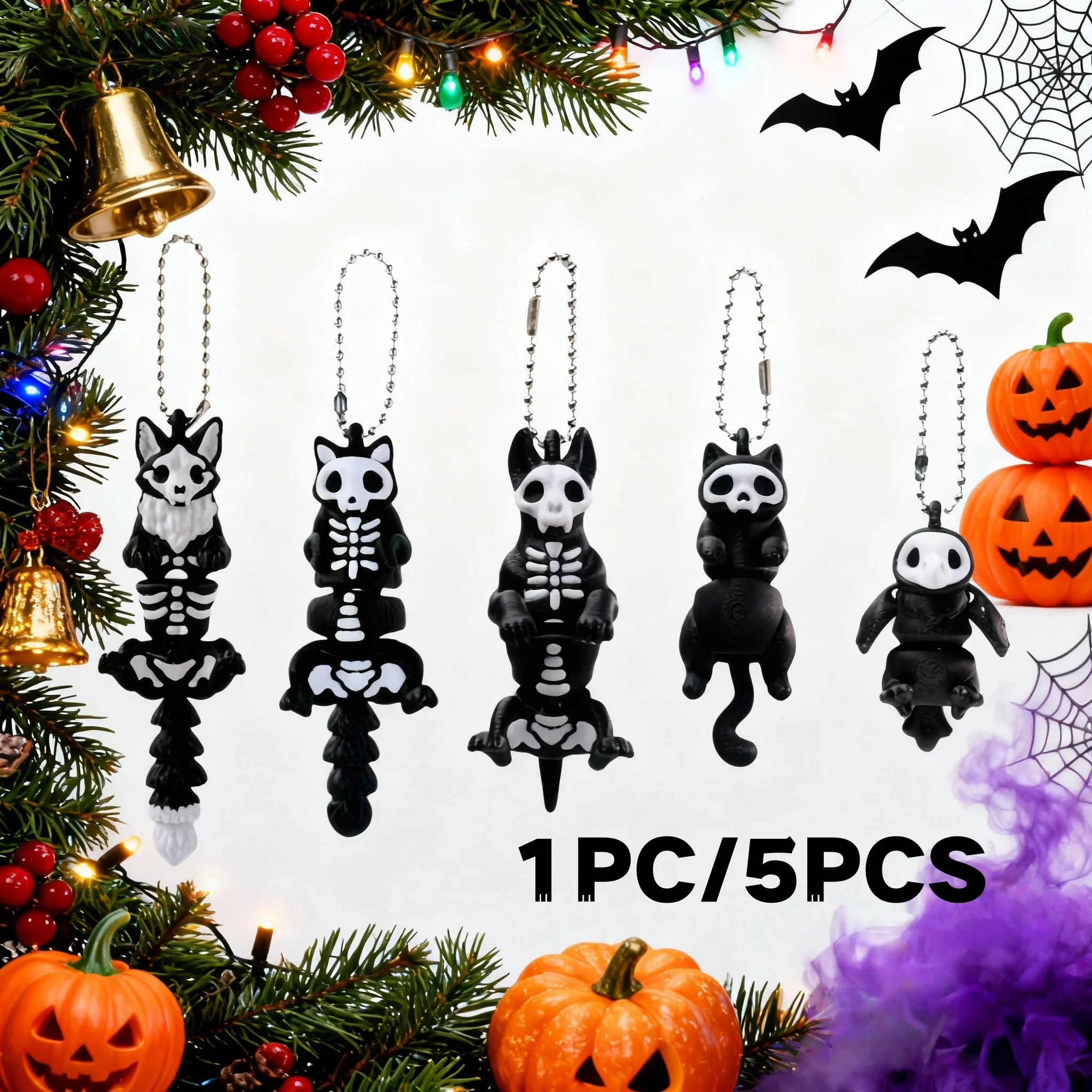 1/5 Pieces - 3D Printed Articulated Bone Fox, Black Cat, Crow Hanging Ornament Keychain, Christmas Birthday Wedding Keychain Gift, Halloween Indoor and Outdoor Hanging Decoration, Car Hanging Ornament