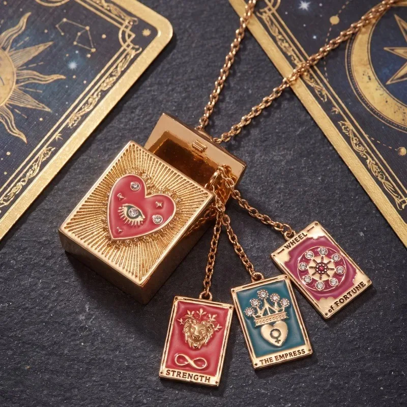 Retro tarot card can be opened containing a variety of relief oil drop diamond pendant niche necklace jewelry
