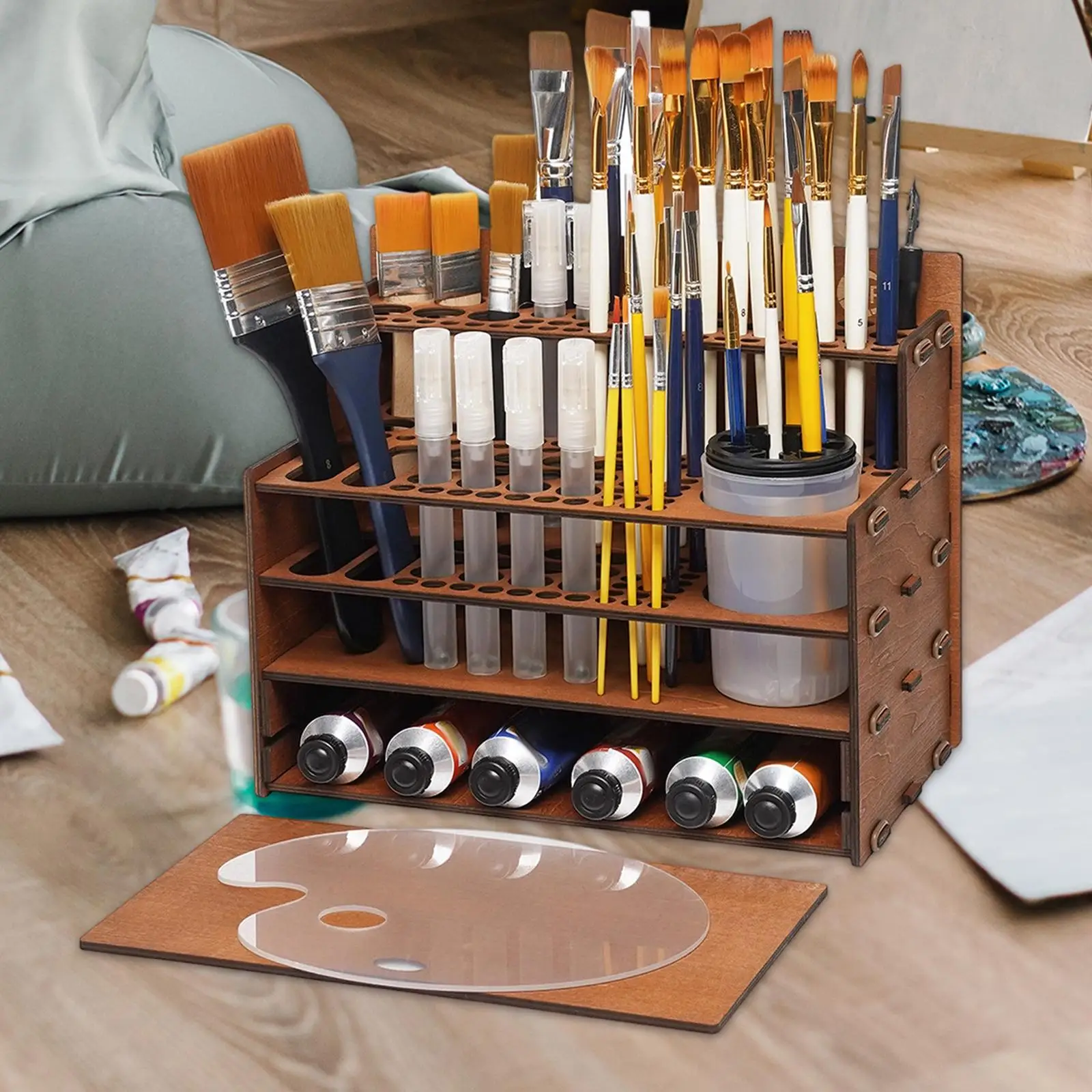 Wooden Paint Brush Organizer with Palette, Paint Brush Holder and Cleaner Cup for Home