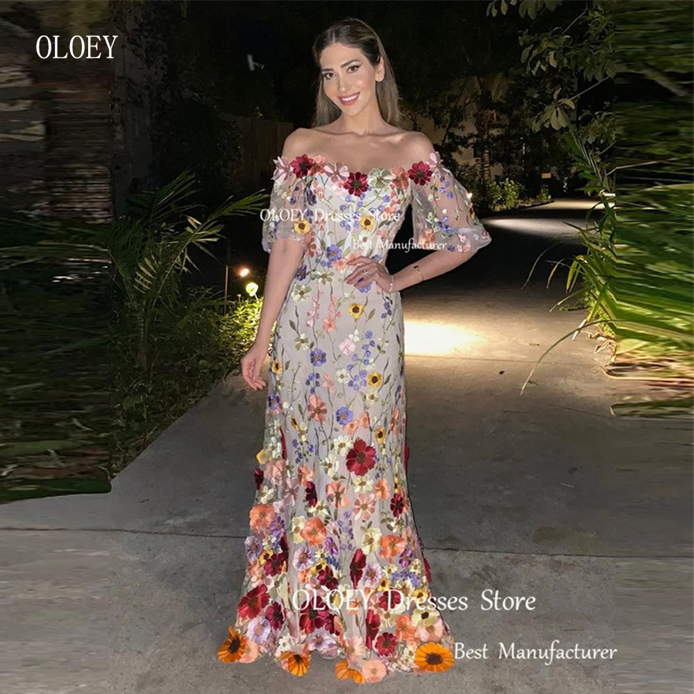 

OLOEY Exquisite 3D Flowers Lace Evening Dresses Off the Shoulder Puff Short Sleeves Elegant Prom Gowns Formal Party Dress