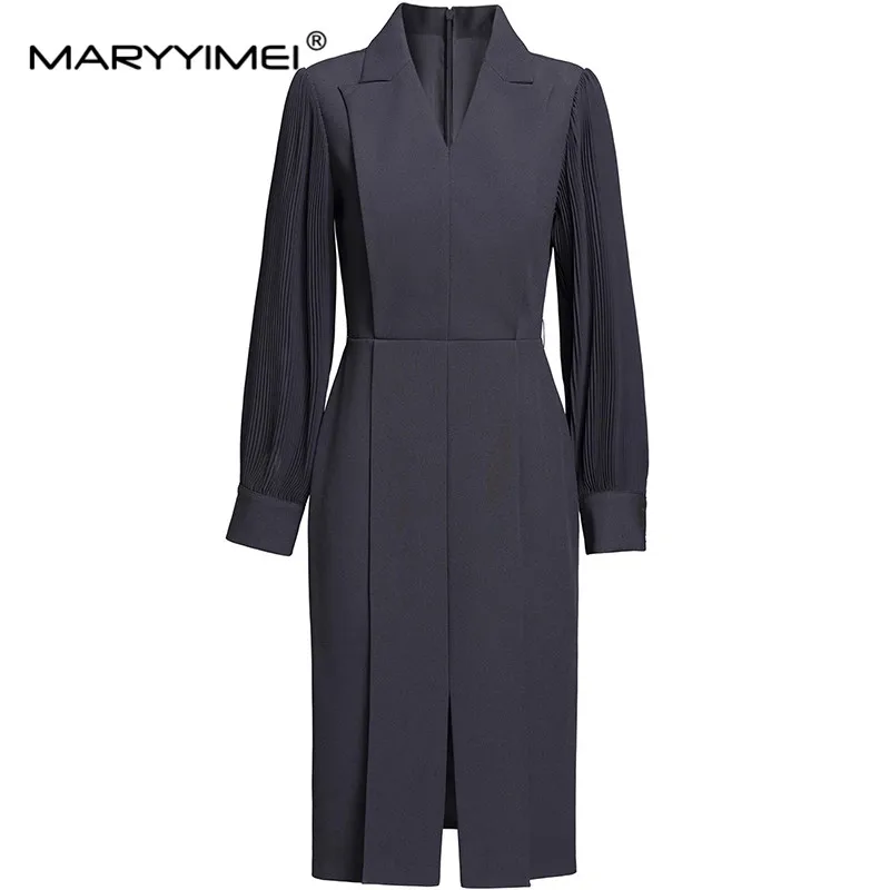 

MARYYIMEI Autumn Winter Women's Commuter Dress V-Neck Lantern Sleeved Slim-Fit Hip Wrap Lace-UP Straight Dresses