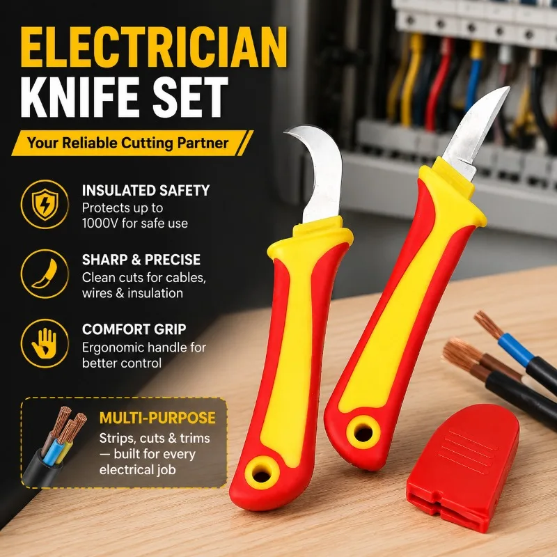 Insulated Electrician Knife Plastic‑handle Multi‑functional Cable‑stripping Tool Curved‑blade Straight‑edge Wire‑cutting Cutter
