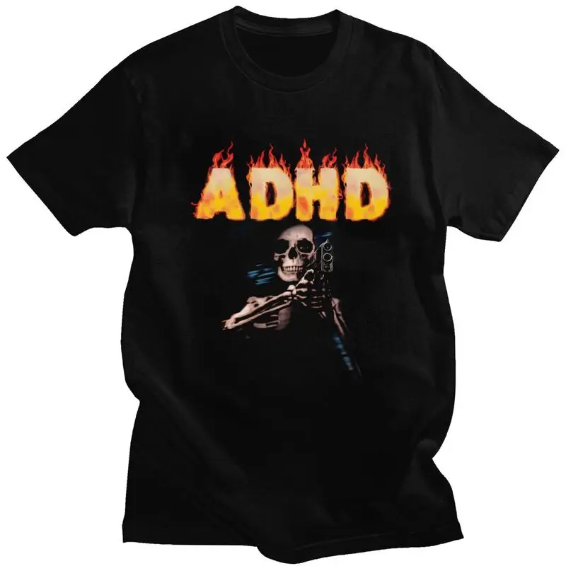 Flaming ADHD Skull T Shirt Men Women T-shirts Summer Streetwear Casual Graphic Tee Tops 100% Cotton Loose Oversized Clothes