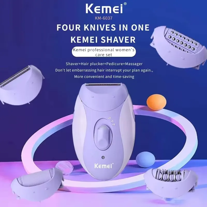 Kemei 4in1 النساء لنزع الشعر ماكينة حلاقة كهربائية الوجه الجسم إزالة الشعر سيدة الساق بيكيني المتقلب مزيل الشعر تحت الإبط قابلة للشحن