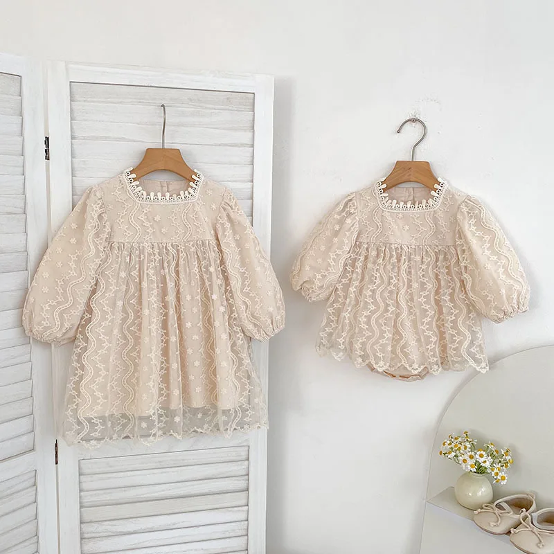

2025 Autumn Girls Tulle Lace Romper & Dress Matching Sister Clothes with Embroidery Princess Outfit for Toddler