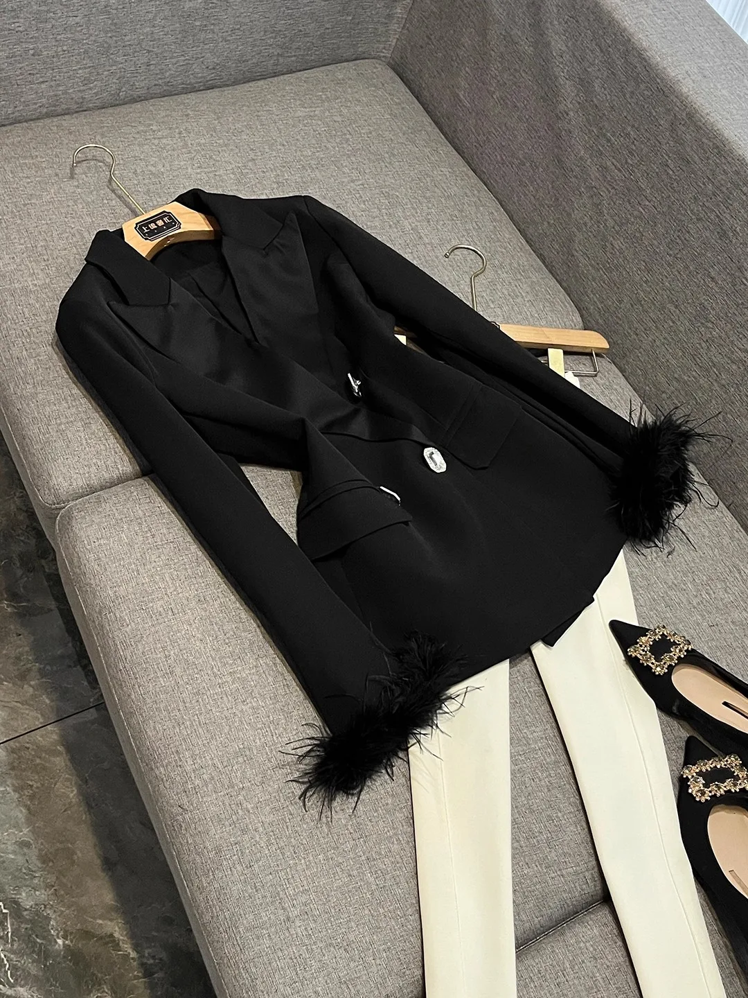 

Зимний костюм Bla Diamond Embellied Feather Sve в стиле пэчворк, женский костюм Jaet Ele Commute Faion X587