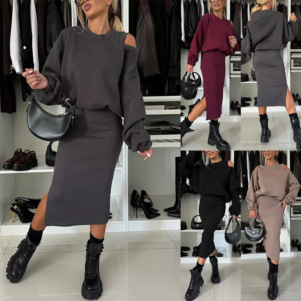 

Autumn New Style Loose One-Shoulder Bat-Sleeve Short Sweatshirt Vest Long Skirt Set For Women