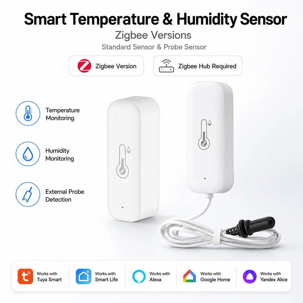 Tuya Zigbee Temperature Humidity Sensor Smart Home Thermometer with Remote Monitor Works with SmartLife Optional External Probe