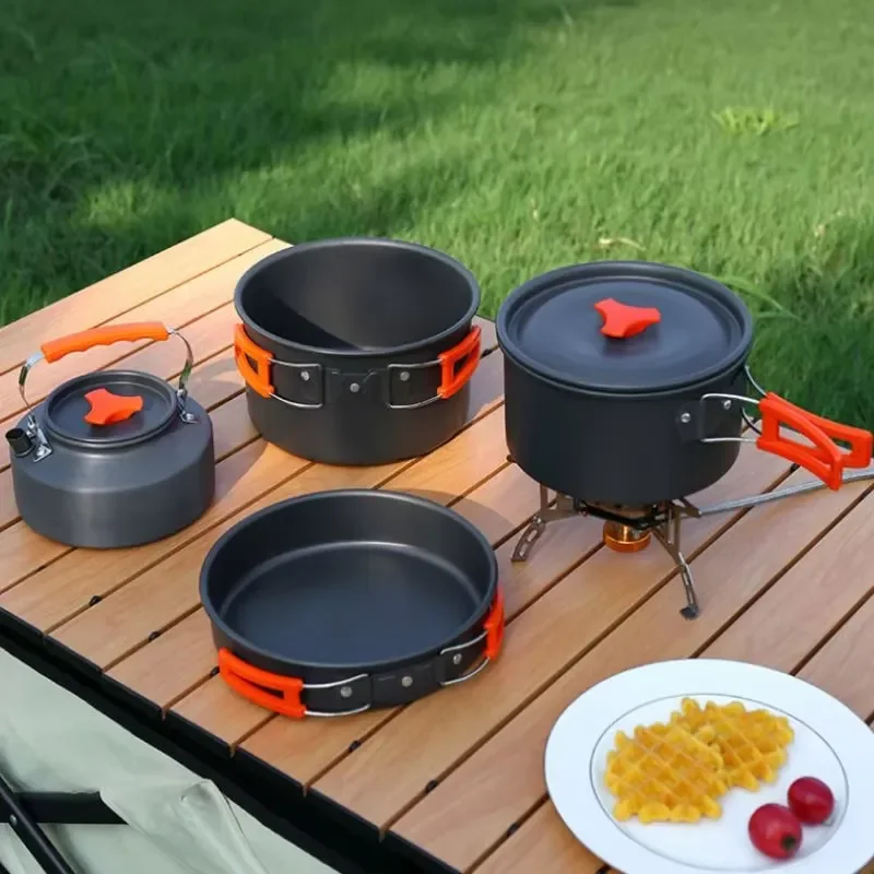 Portable Camping Cookware Set Non Stick Lightweight Metal Frying Pan With Lid Outdoor Picnic Hiking Cooking Gear For Travel