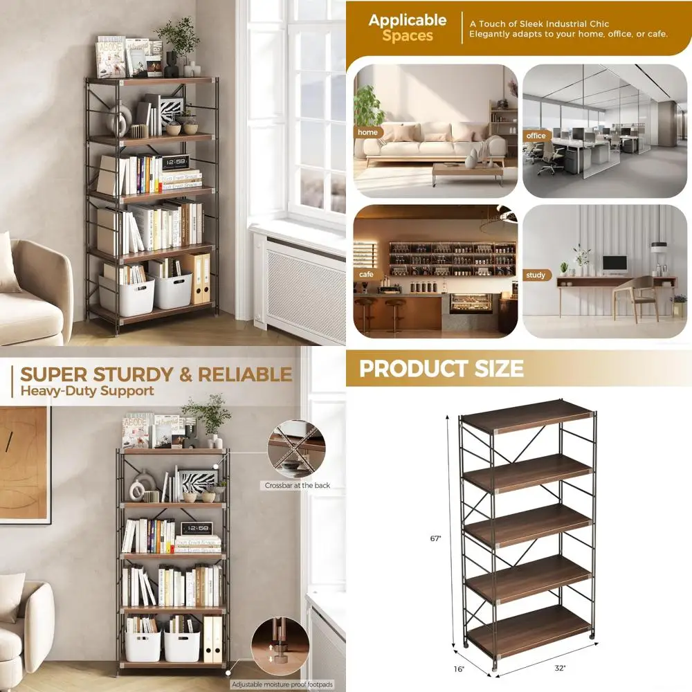 Промышленная 5-уровневая книжная полка, современный металл и дерево, прочный стеллаж для хранения офиса, гостиной, спальни и кабинета, открытый S
