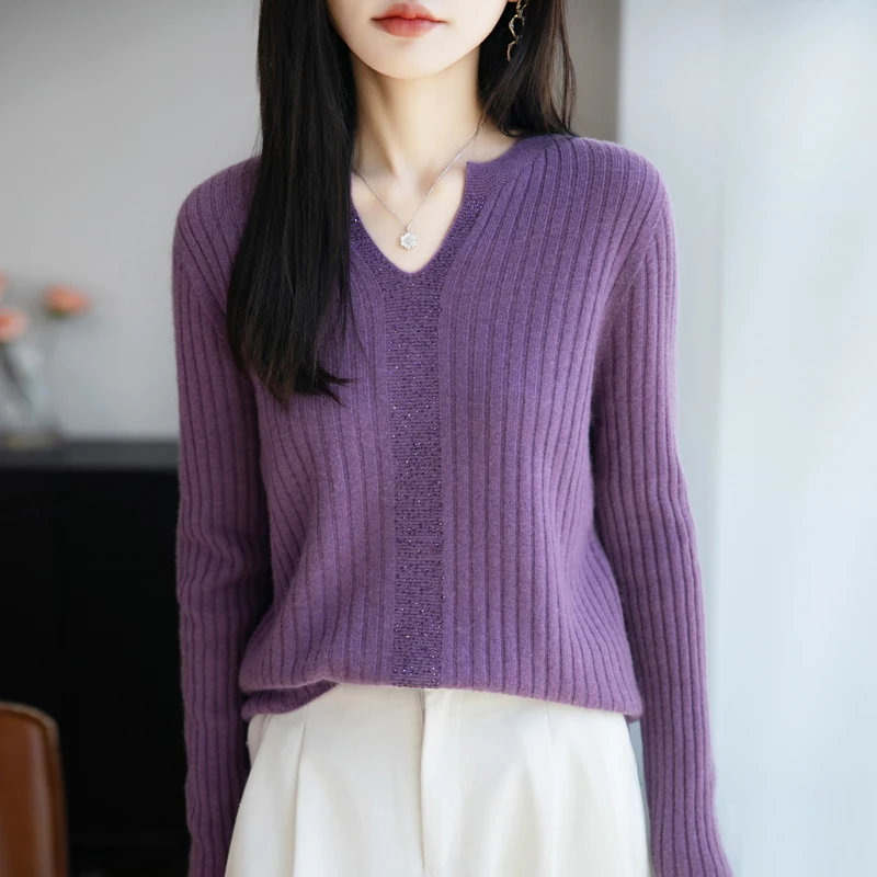 Jersey con cuello de tijeras para mujer, ropa nueva de otoño/invierno, Top de manga larga tejido de lana con proceso de diamante caliente de 100%